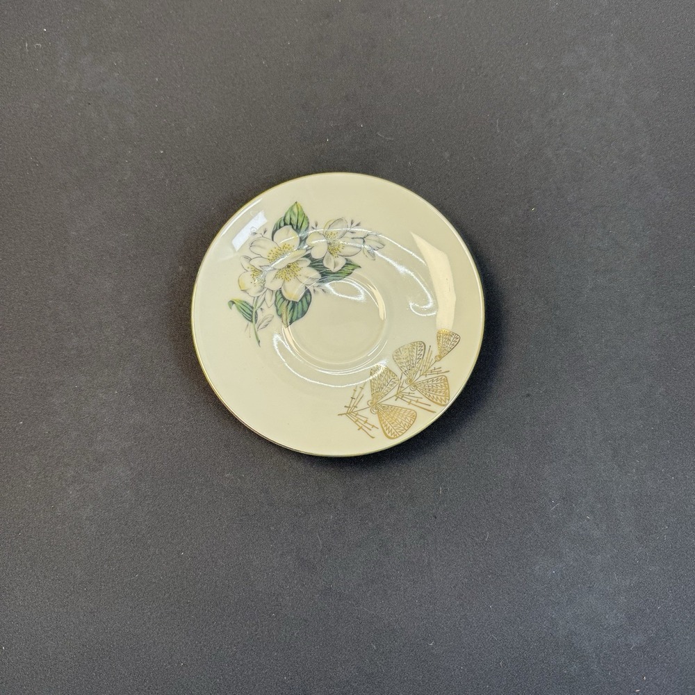 Antique Bavarian China 5.5" Plate White Flowers & Gold Geometric Fans